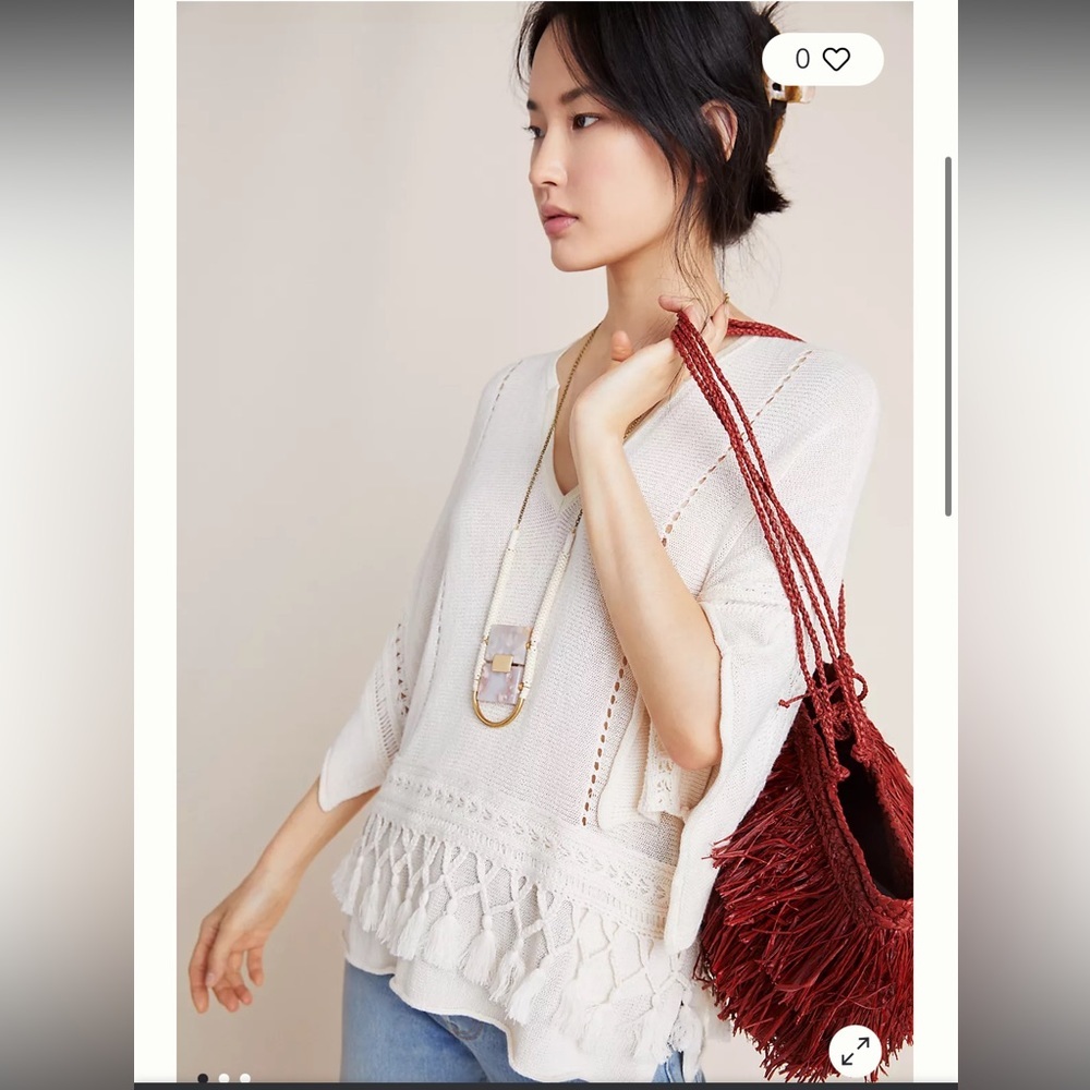 Anthropologie Cream Kaya Tasseled Pullover Top Size XS